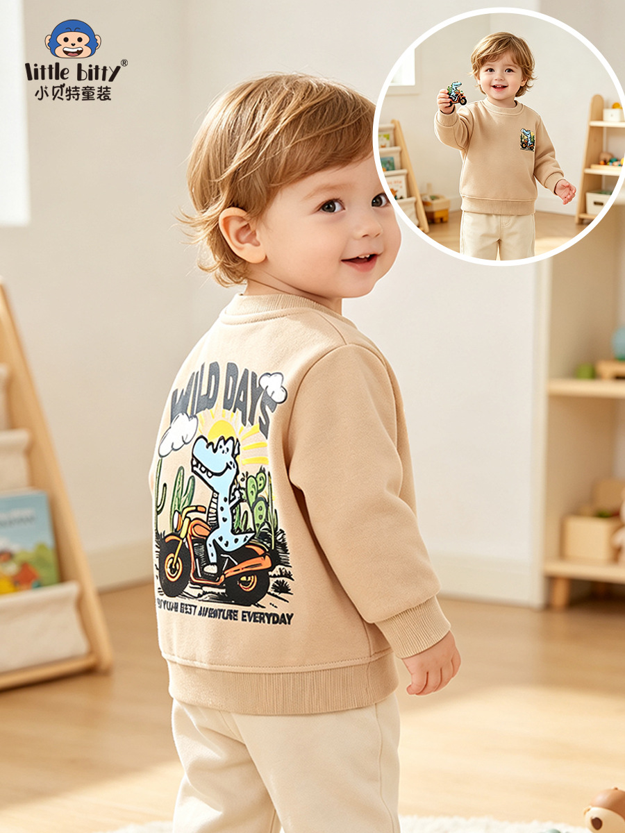 Cross-border supply 2026 children's round neck sweatshirt autumn and winter cartoon animal motorcycle print boys' long sleeve sweatshirt