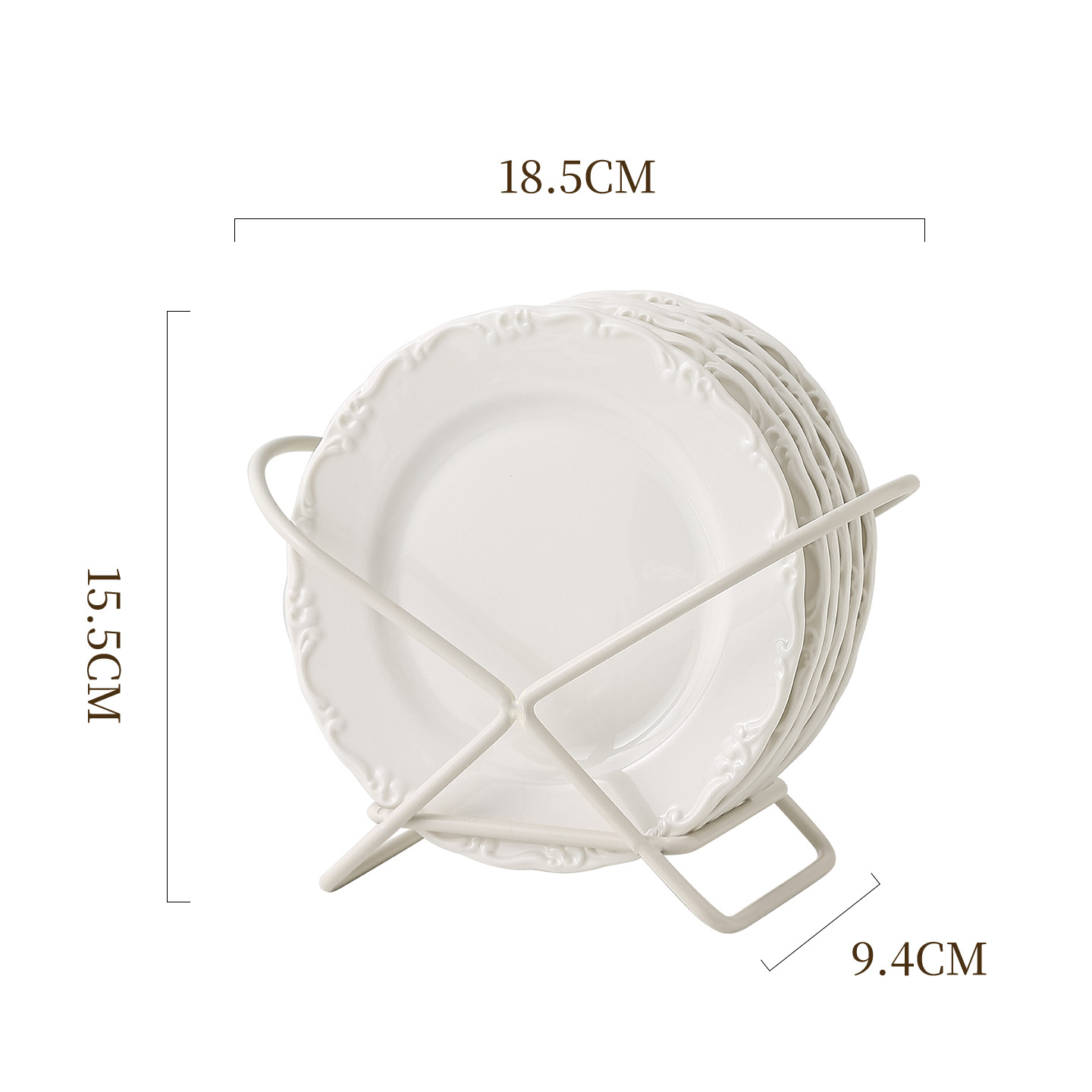 Conjunto de platos de porcelana blanca en relieve francés de Phnom Penh, platos de postres caseros de 6 pulgadas, platos de bocadillos de lujo ligeros con rack de almacenamiento