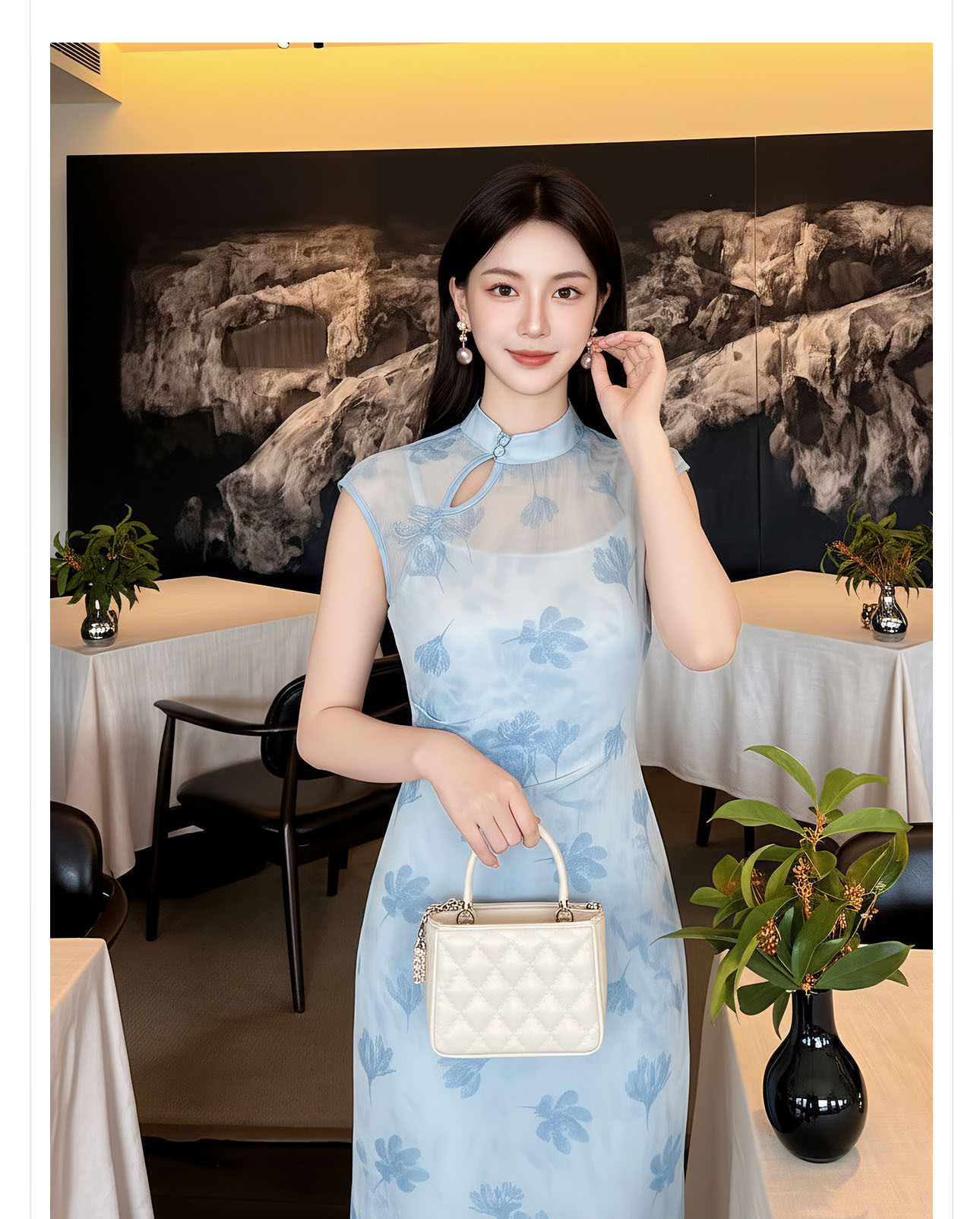 Đầm maxi nữ thắt eo phong cách tân cổ điển, chất liệu nhung tăm, thiết kế cổ yếm kết hợp ren, tay lỡ, dáng suông nhẹ, phù hợp mùa xuân hè — xanh lam chi tiết 4
