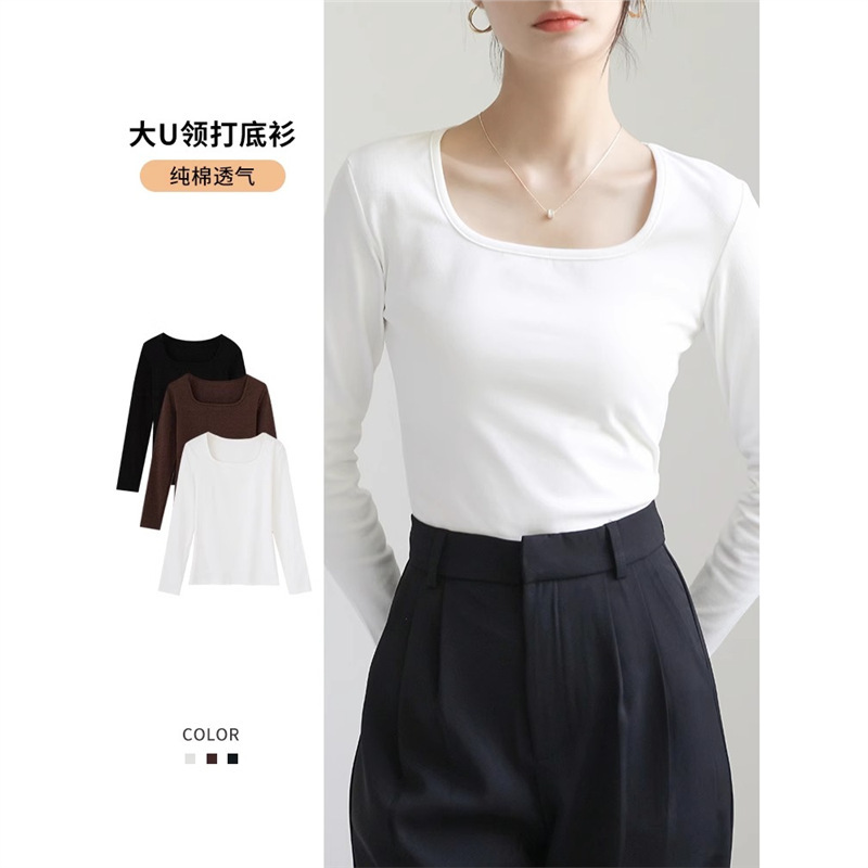 Early Autumn Tops for Women, Large Size Square Collar Bottoming Shirt, White Inner Layer, Pure Cotton Low Collar, Pure Desire, Tight-Fitting Right Shoulder Long-Sleeved T-Shirt