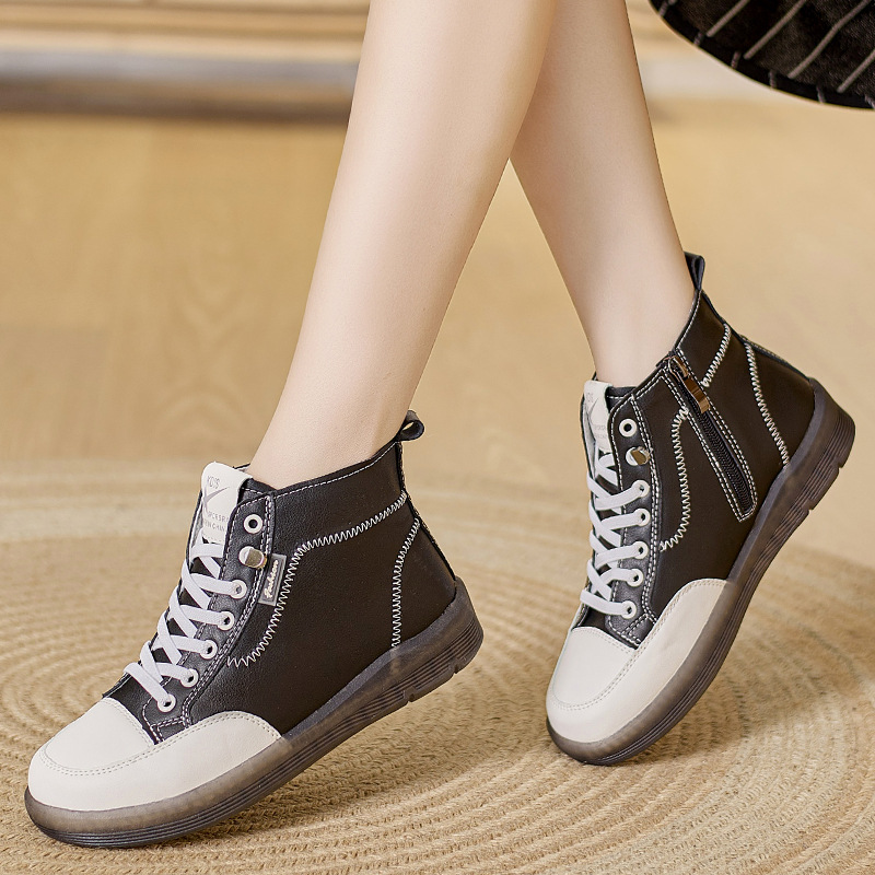 Foreign trade brand white shoes for women 2024 autumn and winter New flat soft surface single-layer shoes slip-on side zipper high-top