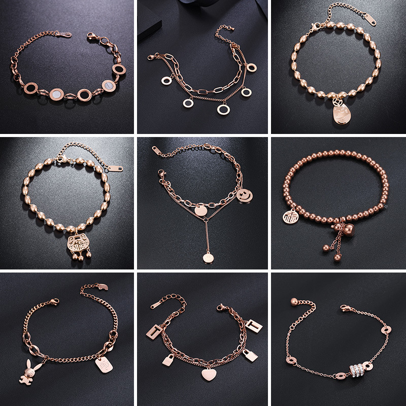 Stainless Steel rose gold titanium steel bracelet does not fade niche design sense bracelet exaggerated thick chain blessing chain hoist pendant