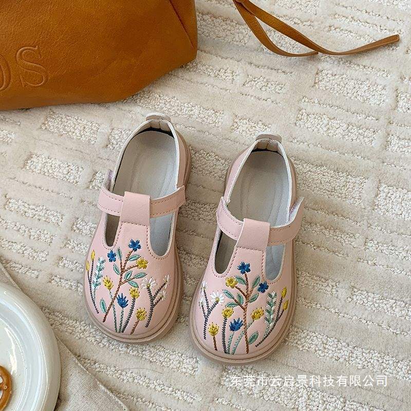 Artistic Girls' Embroidered Performance Princess-Style Leather Children's Soft-Soled Vintage School Sports Casual Shoes with Velcro