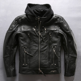 HARLEYANGEL Harley Leather Jacket Men's Two-Piece Hooded Top-Layer Cowhide Leather Jacket