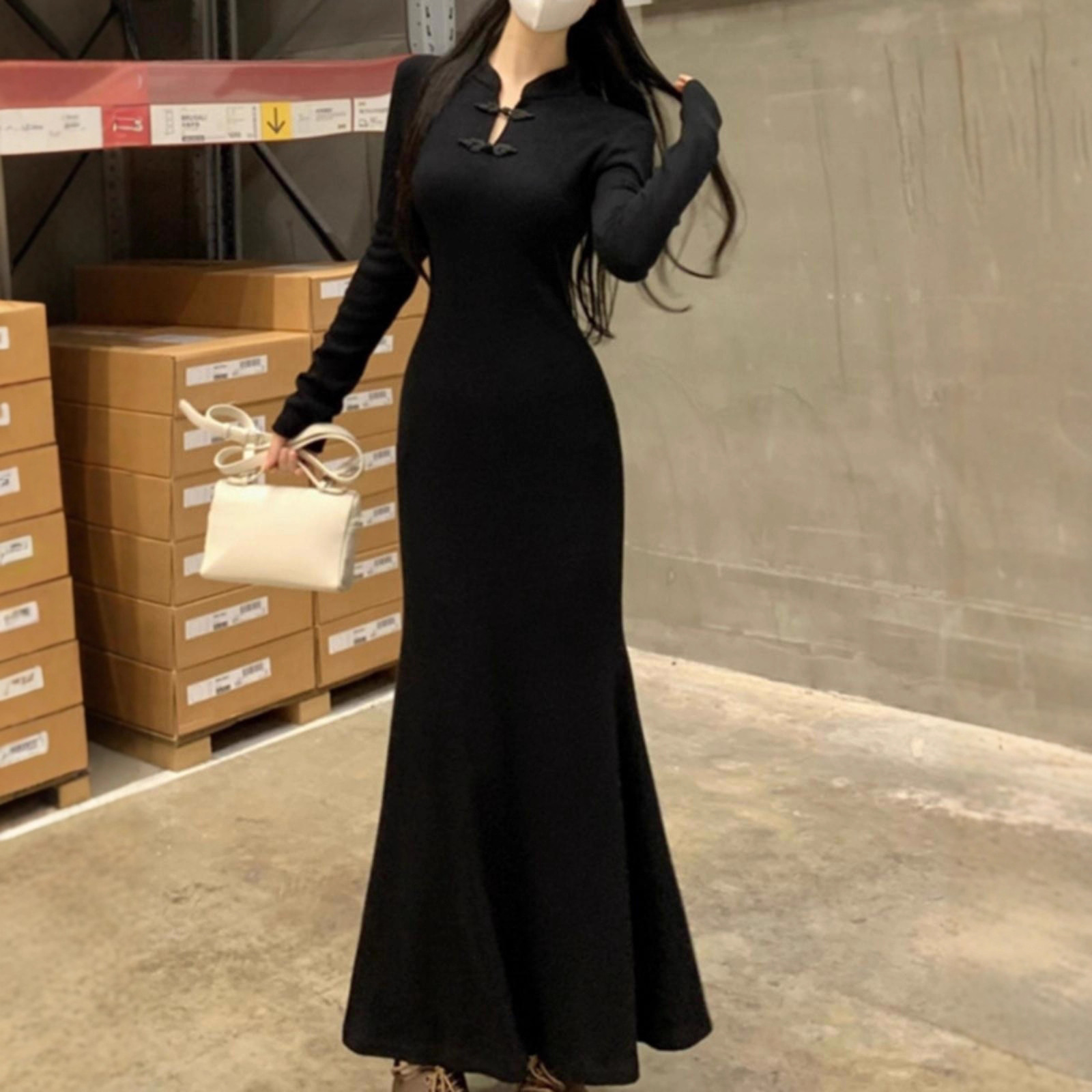 New Chinese Style Improved Cheongsam Hip-Covering Long Skirt for Women Autumn and Winter Large Size Waist-Cinching Bottoming Fishtail Dress