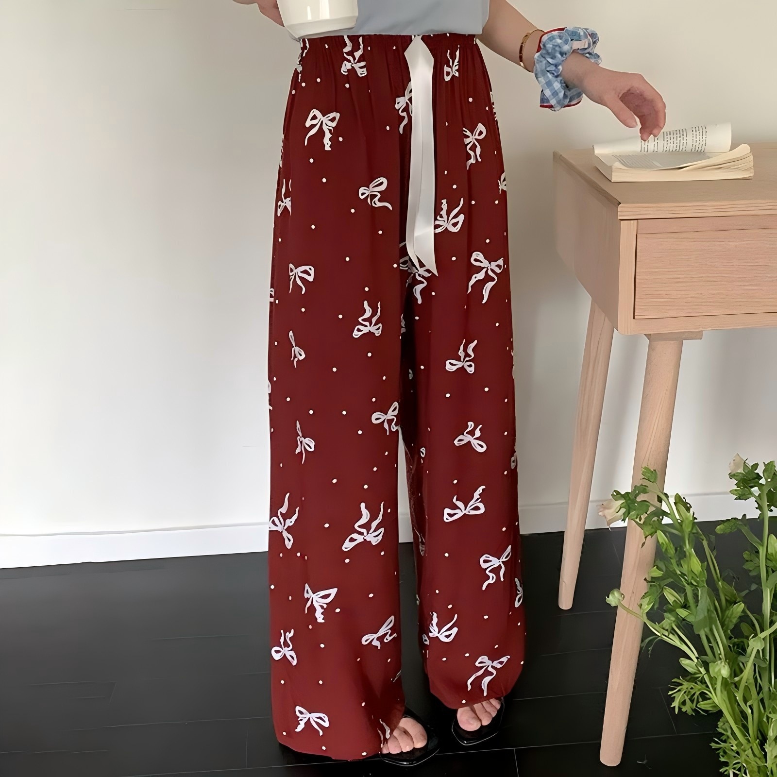 [Spot Clear] Nuevos pantalones anchos chinos de seda de algodón, pantalones de pijama perezosos de cintura alta rectos sueltos de primavera y verano para mujer