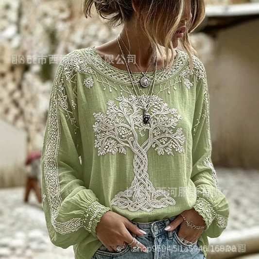 Independent brand, cross-border e-commerce, European and American style, 3D printed bohemian lantern-sleeve women's loose-fitting retro printed top