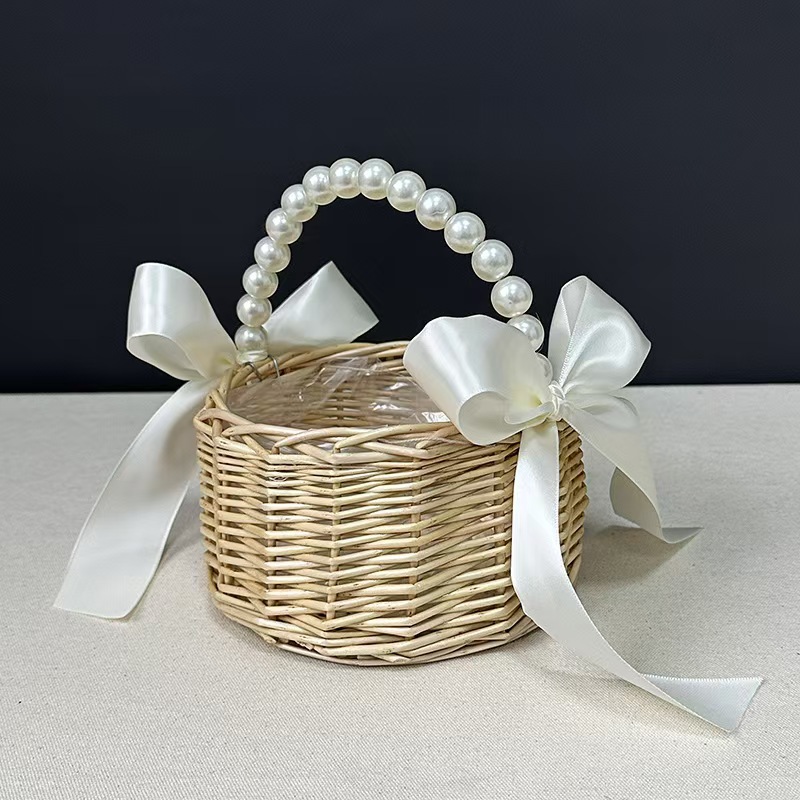 Regalo DE LA MANO perla princesa cesta sauce ratán tejida olla verde rosa flor niños foto cesta arco cinta portátil flor cesta
