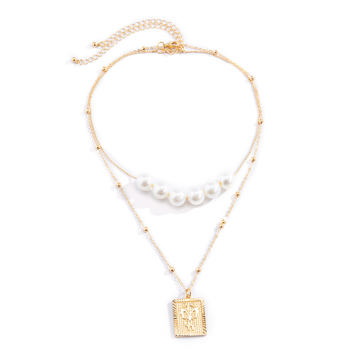 法式复古仿珍珠几何方牌项链 简约人像蝴蝶方牌项饰 欧美跨境饰品