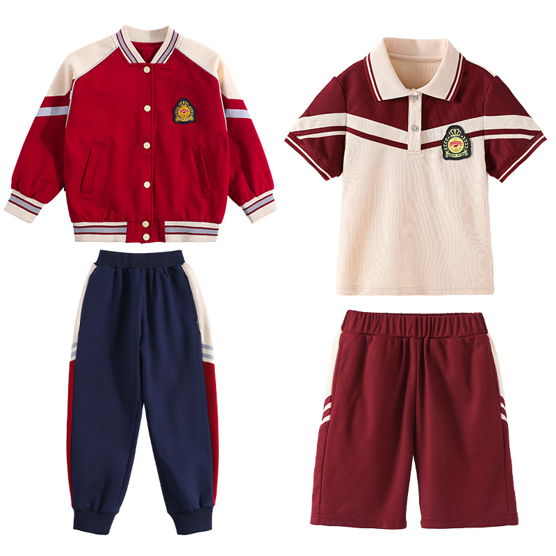 초등학생을위한 어린이 클래스 옷 세트 교복 버건디 봄 가을 옷 유치원 정원 여름 옷