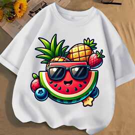 喜庆夏日西瓜卡通2026夏季男女款中大儿童纯色短袖含棉圆领t恤潮