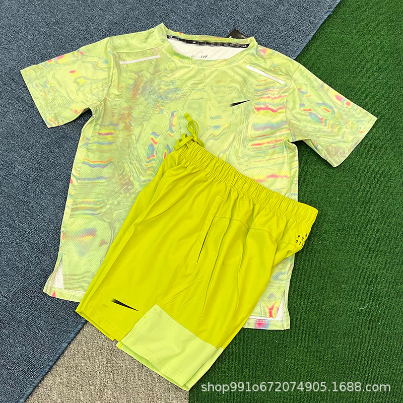 Cross-border summer new trendy training running fitness 3D printed short-sleeved shorts men's set quick-drying breathable men's clothing