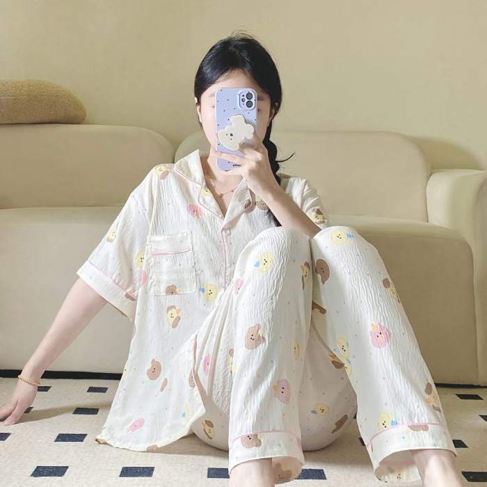 Verano nuevo pijama de amor mujer adorable oso simple ocio delgado nubes algodón ropa doméstica dos piezas conjunto al por mayor