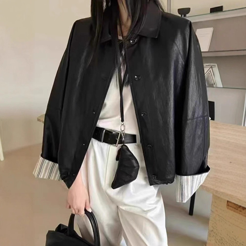 韩系拼接休闲短款PU皮外套女2025春秋新款设计感翻领软皮夹克上衣|undefined