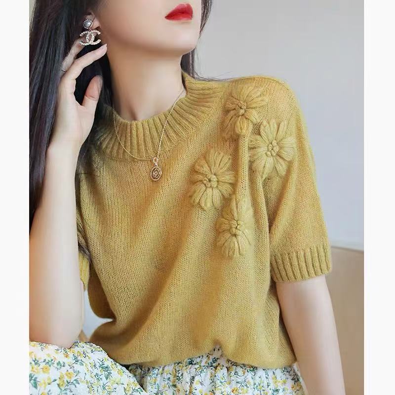 优雅柔和白色立体花朵刺绣针织衫夏季薄款时髦洋气别致上衣女|undefined