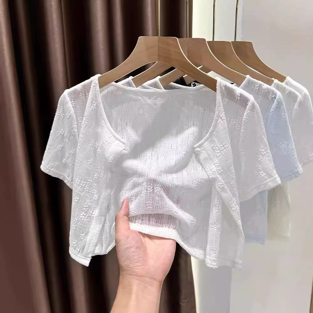 Короткий кружевной летний плащ, платье-комбинация, кардиган, высококачественный фасон, с коротким рукавом.