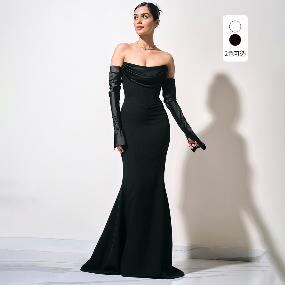 In Stock | New Style One-Shoulder Long-Sleeved Dress for Women, Evening Dress, Black and White, Waist-Cinching, Slimming, Stretchy Long Dress