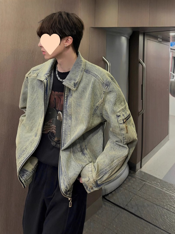 春秋季新款做旧水洗牛仔夹克男士痞帅高街外套美式情侣翻领上衣潮|undefined