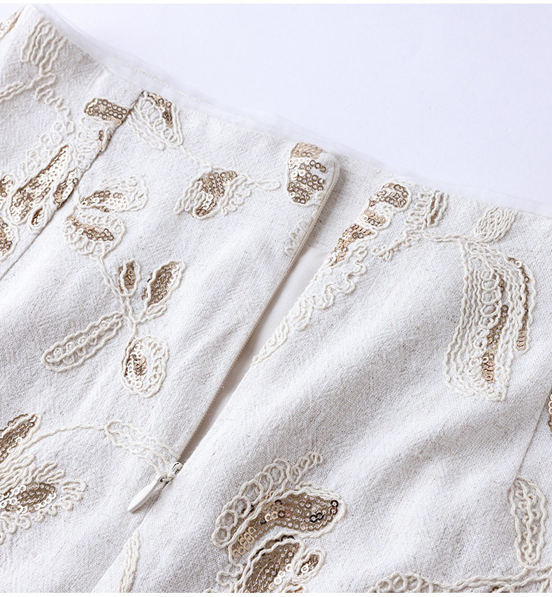 Chân váy linen nữ dáng suông dài vừa, thêu đính kim sa công phu, phong cách quý cô thanh lịch — Màu be chi tiết 14