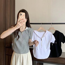 小个子短款修身短袖T恤女夏季连帽半拉链上衣设计感打底小衫潮ins