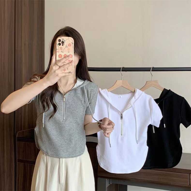 小个子短款修身短袖T恤女夏季连帽半拉链上衣设计感打底小衫潮ins