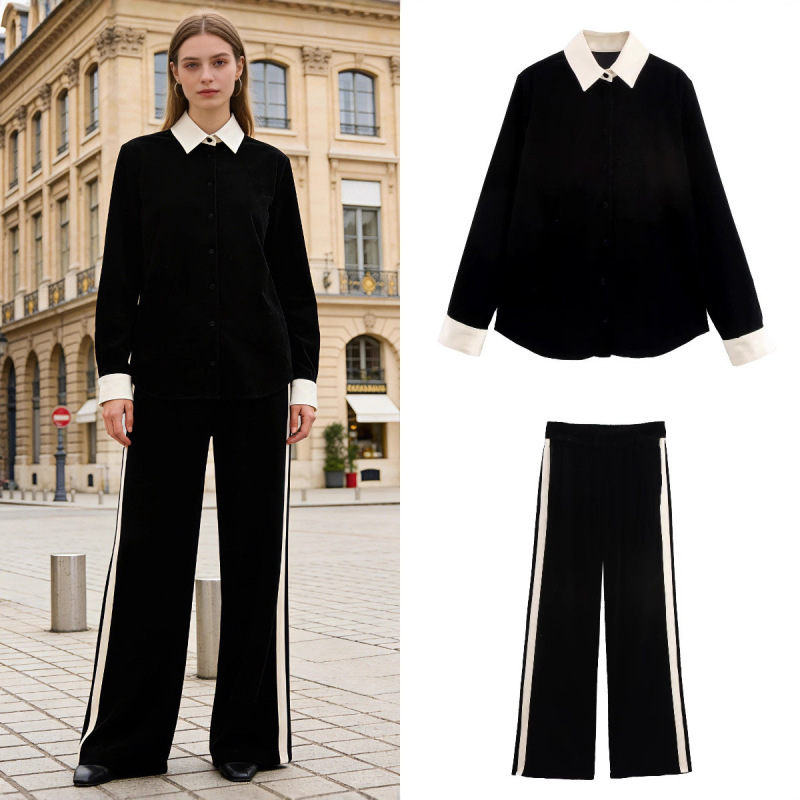 Cross-Border Foreign Trade Ready Stock European and American Style Women's Casual Suit with Velvet Patchwork Shirt + Velvet Patchwork Pants Cross-Border Foreign Trade Ready Stock European and American Style Women's Casual Suit with Velvet Patchwork Shirt + Velvet Patchwork Pants