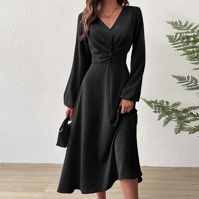 2026 Amazon Cross-Border French Style Elegant V-Neck Dress Autumn and Winter Elegant and Stylish A-Line High-Waisted Mid-Length Dress