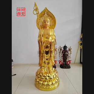 Pure Copper Gilded Ksitigarbha Bodhisattva Statue for Home Use, Mount Jiuhua Lotus Statue, Namo Dharma Vajra Ksitigarbha with Backlight