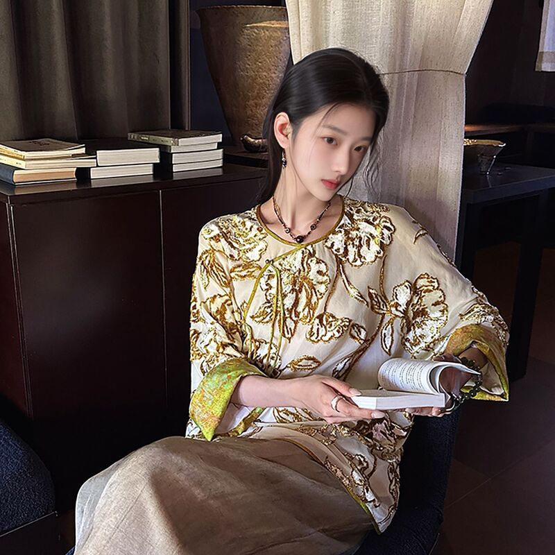 新中式国风高端梭织丝绒提花上衣女2025新款特超好看衬衫秋 N9005|undefined