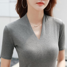 2022夏季新款罗纹莫代尔修身休闲V领短袖T恤女士上衣天猫一件代发