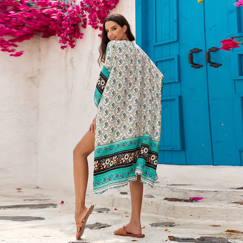 2 colores europeos y americanos nueva playa de vacaciones vestido rayón impreso cardigan largo bohemio falda bikini cover up 3826