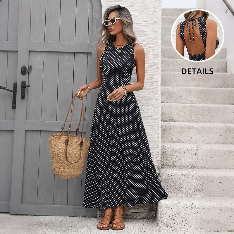 Tiktok European and American 2026 New Retro Resort Style Mid-Length Dress Sleeveless Waist-Cinching Tie Backless Polka Dot Dress