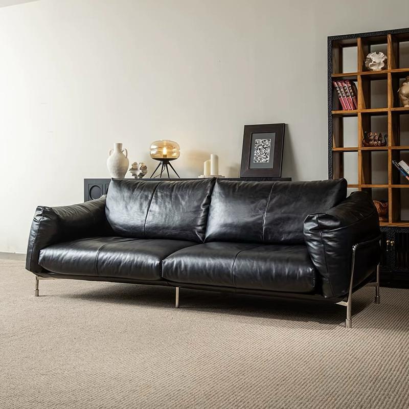 Sofá de cuero antiguo minimalista sala de estar Bauhaus estilo retro negro sofá hammer 2025 nuevo