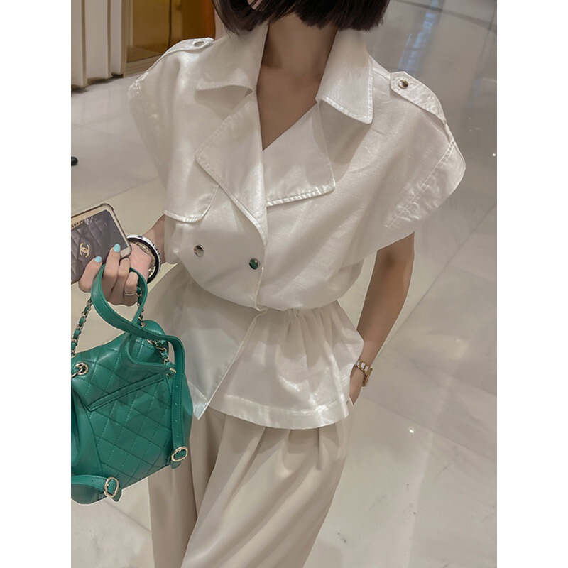 Foreign Trade Women's Clothing Romantic Korean Dongdaemun Suit Vest Drawstring Linen Jacket Korean Style Workwear