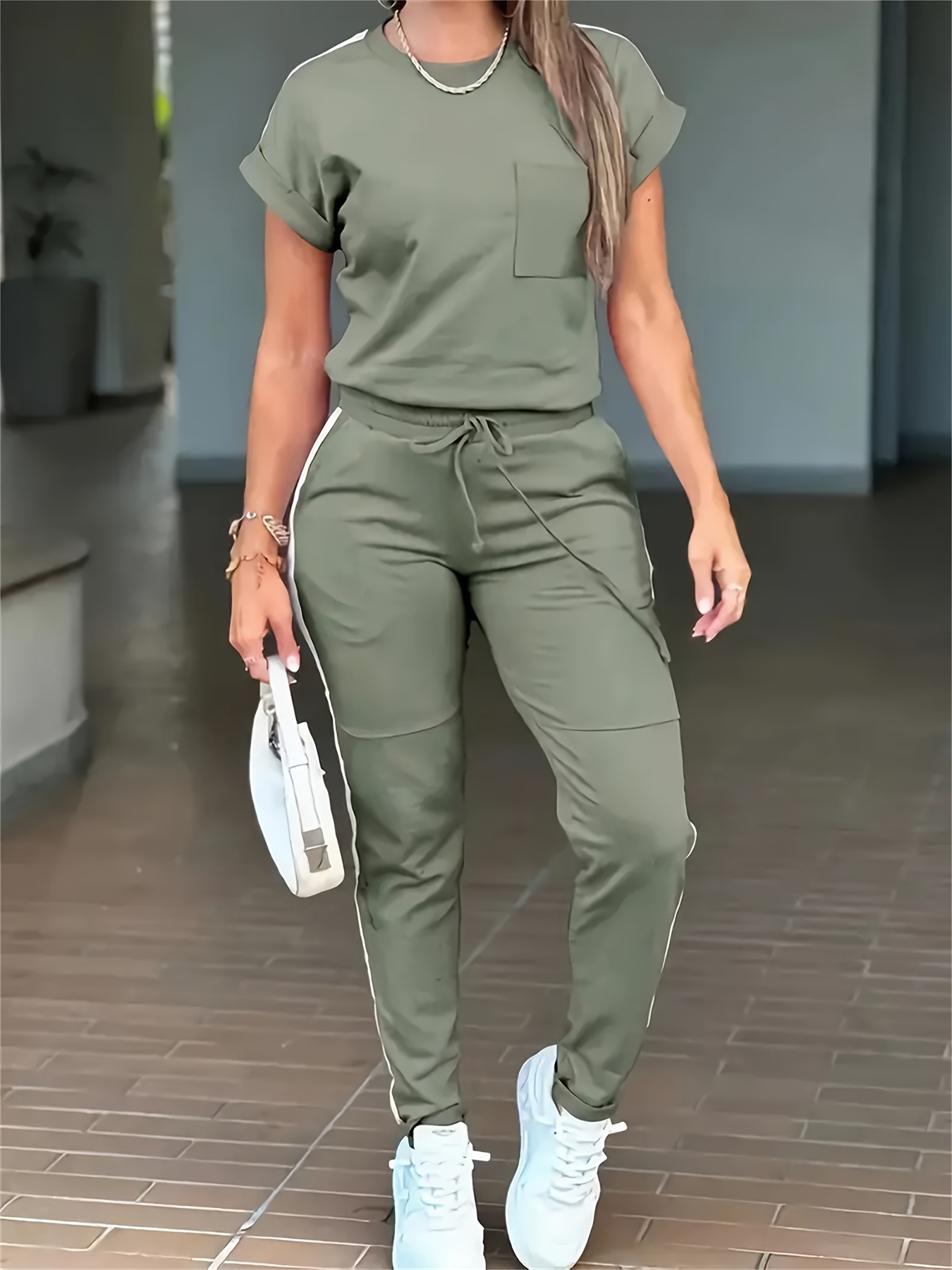 Damen Freizeit-set Kurzarm T-shirt Und Hose Mit Taschen_voghion.com
