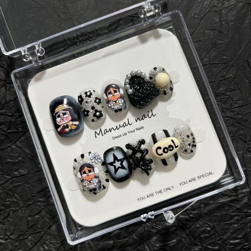 Purely Handmade Cute Cartoon Girl Short Round Wearable Nail Patch Removable A643