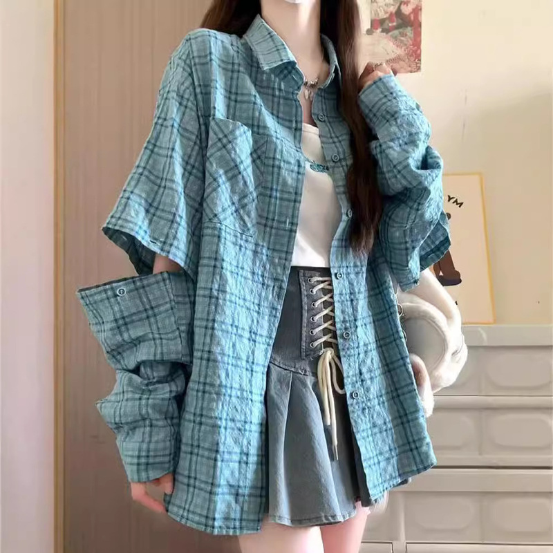 American Retro Wrinkled Plaid Shirt Coat Women's 2024 Spring and Summer Loose BF Lazy Detachable Long Short-sleeved Top