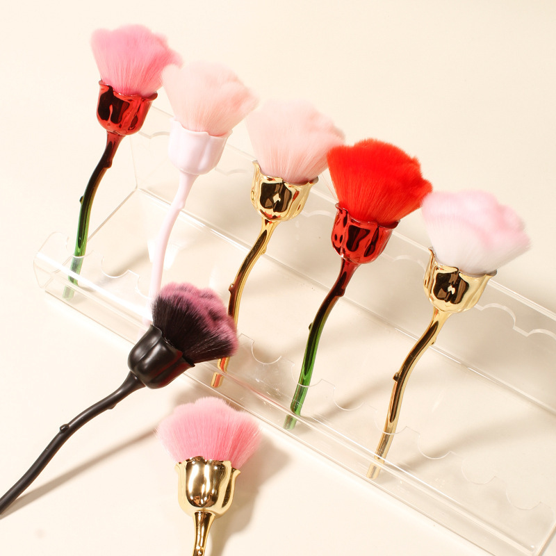 Cross-Border New Model Rose Flower Makeup Brush, Powder Brush, Nail Art Brush, Dust Removal Brush, Electroplated Handle Factory