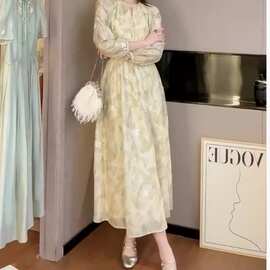 法式印花绿色连衣裙子夏季新款女装海边度假裙子仙女超仙森系1918