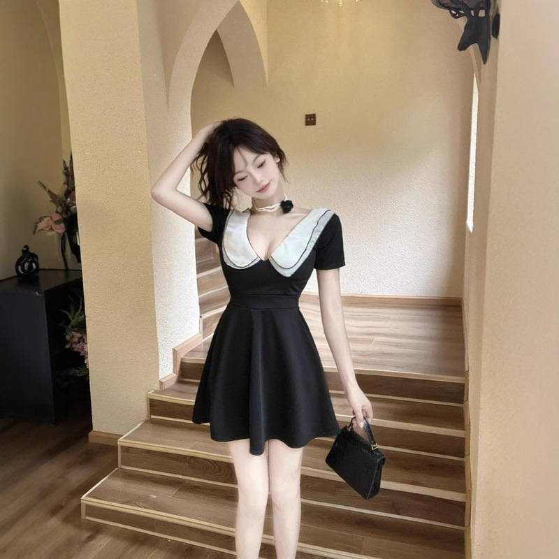 Real Shot Sexy Contrast Color Doll Collar Fashion Elegant Age-reducing Large Swing Short Skirt Tight Waist Slimming Spice Girls Night Shop dress