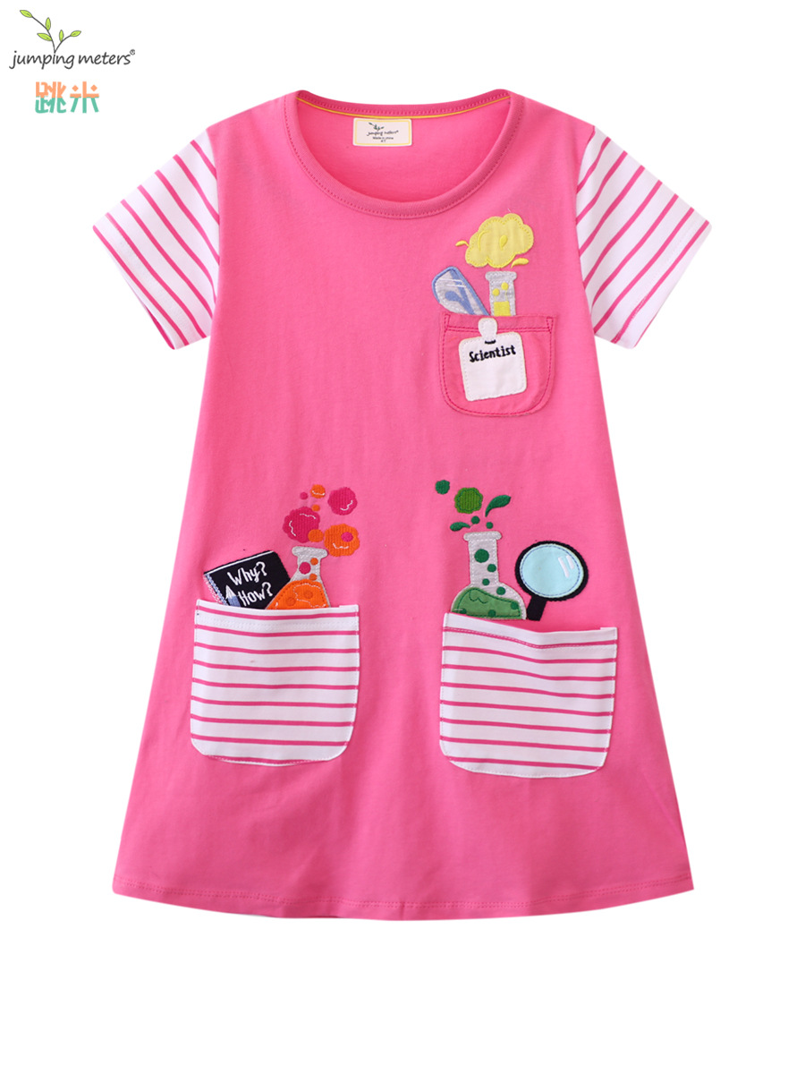 Saltos metros falda de los niños verano europeos y americanos ropa manga corta punto cuello redondo vestido la muchacha Linda