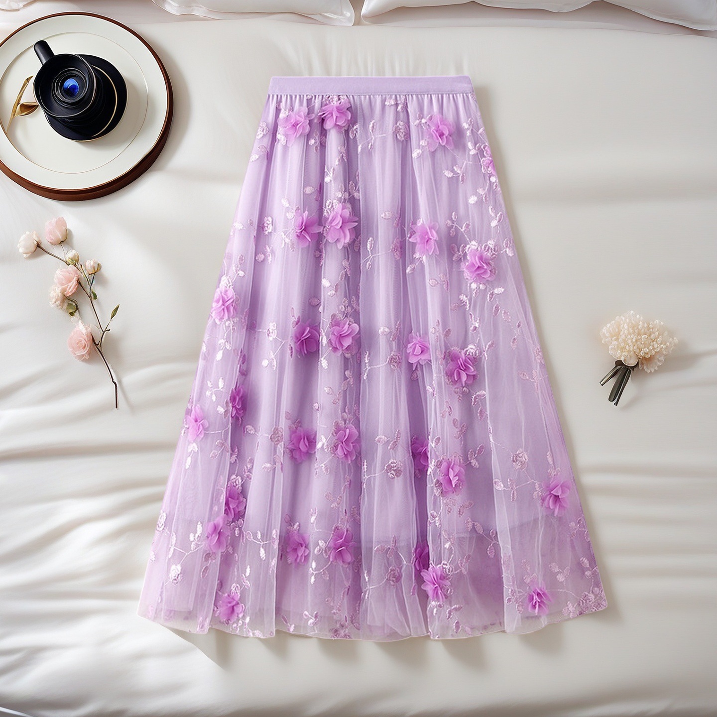Super Fairy-Like Three-Dimensional Floral Mesh Skirt for Women, New Autumn Style with a Drapey High-Waisted Fairy-Style Large Hem Mesh Skirt