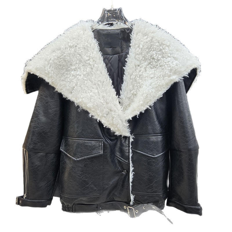 American Hot Girl 2025 invierno nuevo cool hot girl eco-friendly rizos cuello naval suelto chaqueta de cuero PU chaqueta de algodón intercalado
