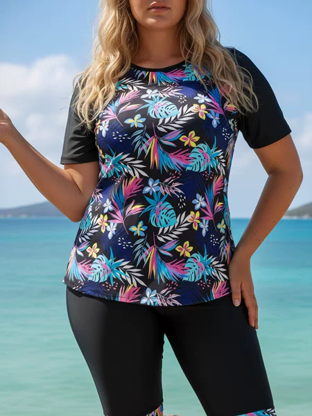 European and American Plus-Size Russian Oversized Swimwear, Two-Piece Swimsuit for Women, Sun-Protective Tank Top, Printed Boxer Shorts, Half-Sleeve, Blue and Red Leaves