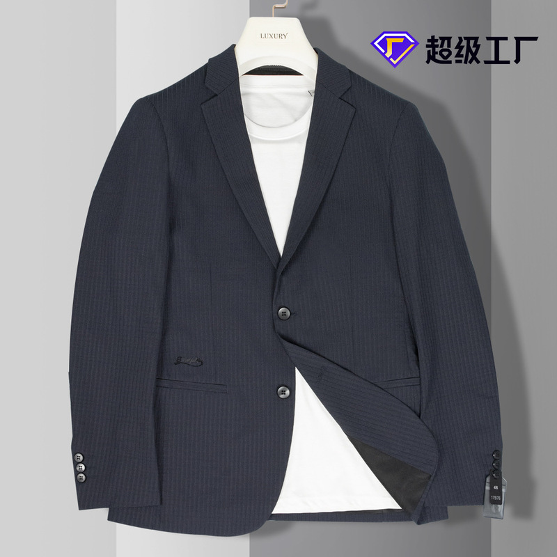 2025 Men's High Elastic Striped Suit Double Button Slim Casual Suit Source Factory