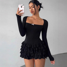 欧美跨境时尚气质纯欲甜辣低领女装纯色收腰蓬松蛋糕短款连衣裙