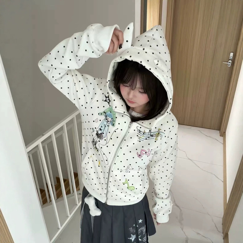 Japanese-style cute polka dot devil horn cartoon girl cardigan sweatshirt for women, early autumn sweet and cute zip-up jacket Japanese-style cute polka dot devil horn cartoon girl cardigan sweatshirt for women, early autumn sweet and cute zip-up jacket