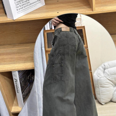 军绿色阔腿工装微喇牛仔裤女秋季新款美式低腰宽松显瘦垂感拖地裤