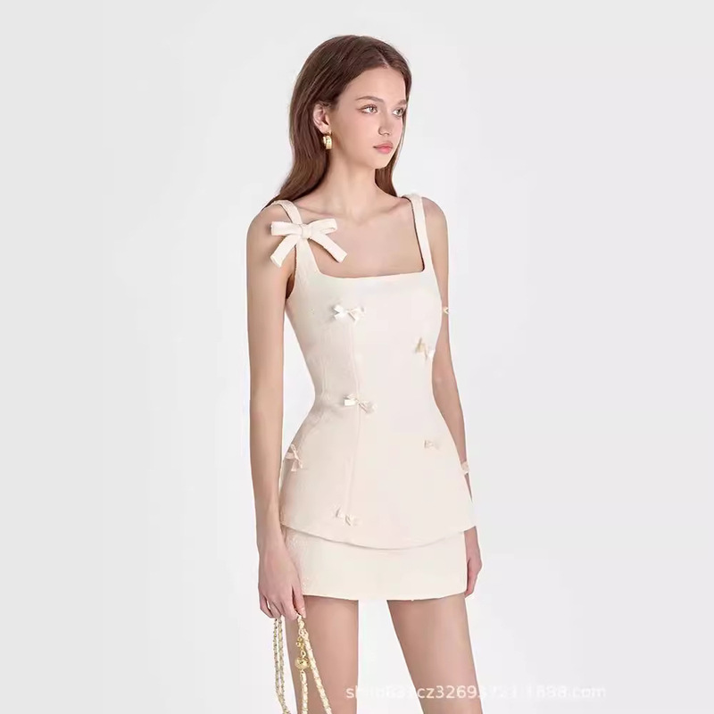 French Style Chanel Style Bow Strap Top Women's Summer High-end Elegant Light Luxury Fashion All-match Two-piece Skirt Set