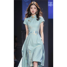 YT336636新中式国风女装改良旗袍高冷御姐风蓝色宋锦连衣裙子夏季